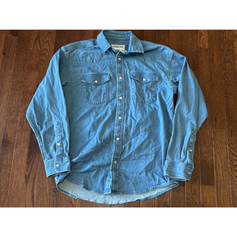 Poncho Outdoors Mens Small Regular Fit Blue Denim Pearl Snap Western Shirt